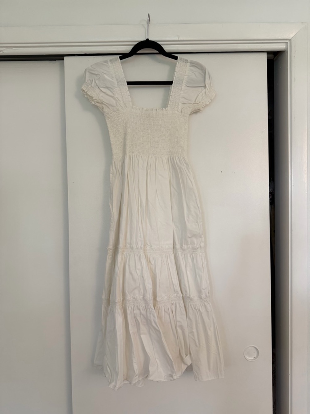 White Smocked Midi Dress with Puff Sleeves